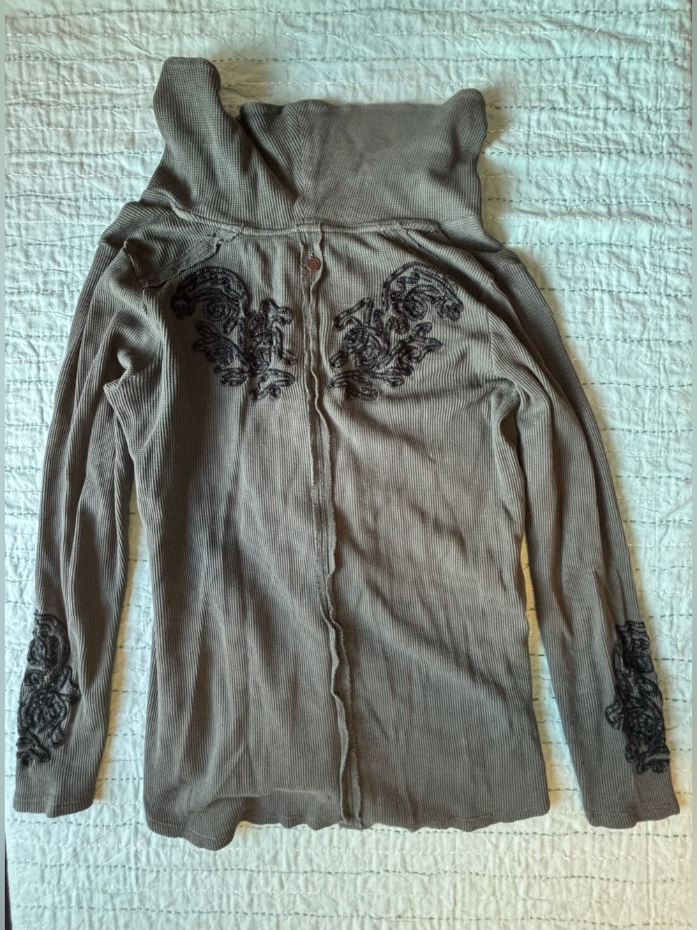Soft Surroundings 100% Cotton Waffle Knit Long Sleeve Black Embroidered Detail M